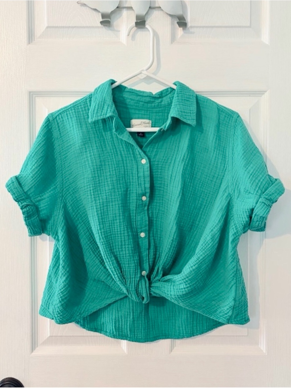 Green Cotton Gauze Button Up Shirt Size M Relaxed Crop